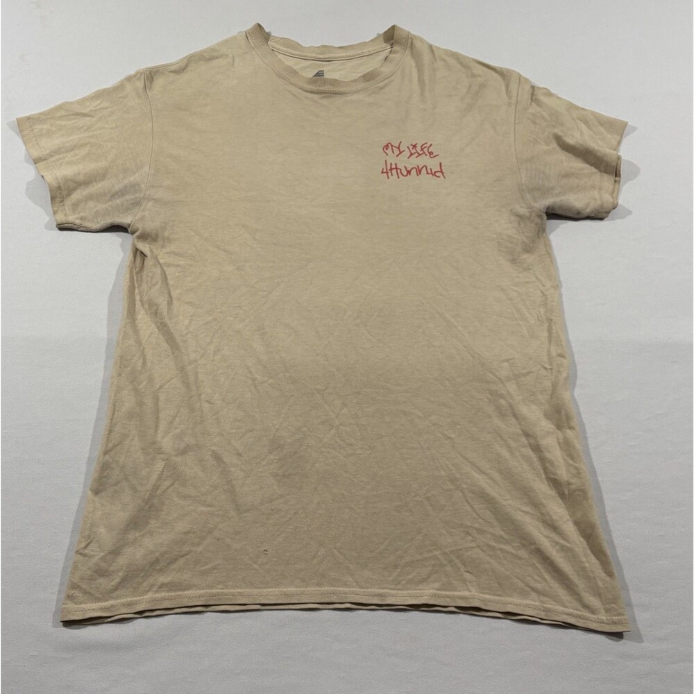 YG 4HUNNID Beige Short Sleeve Tee T-Shirt Rap Hip Hop Streetwear Sz M Stains